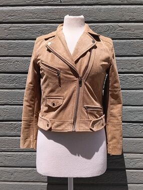 H&M Camel Mock Suede Moto Jacket with Asymmetrical Zip